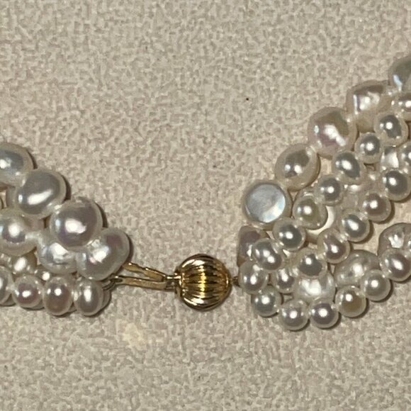 14k Multi Strand Genuine Freshwater Pearl Necklace 16-18" Vintage Showcase Piece - Picture 8 of 11